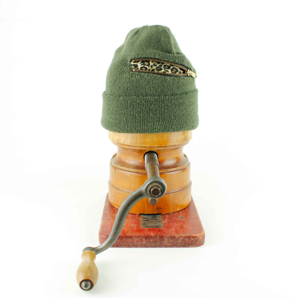 Green Zipper Beanie Leopard