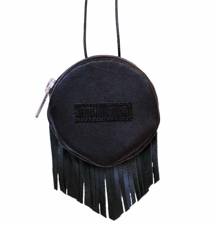 Snuffbox case fringes black leather