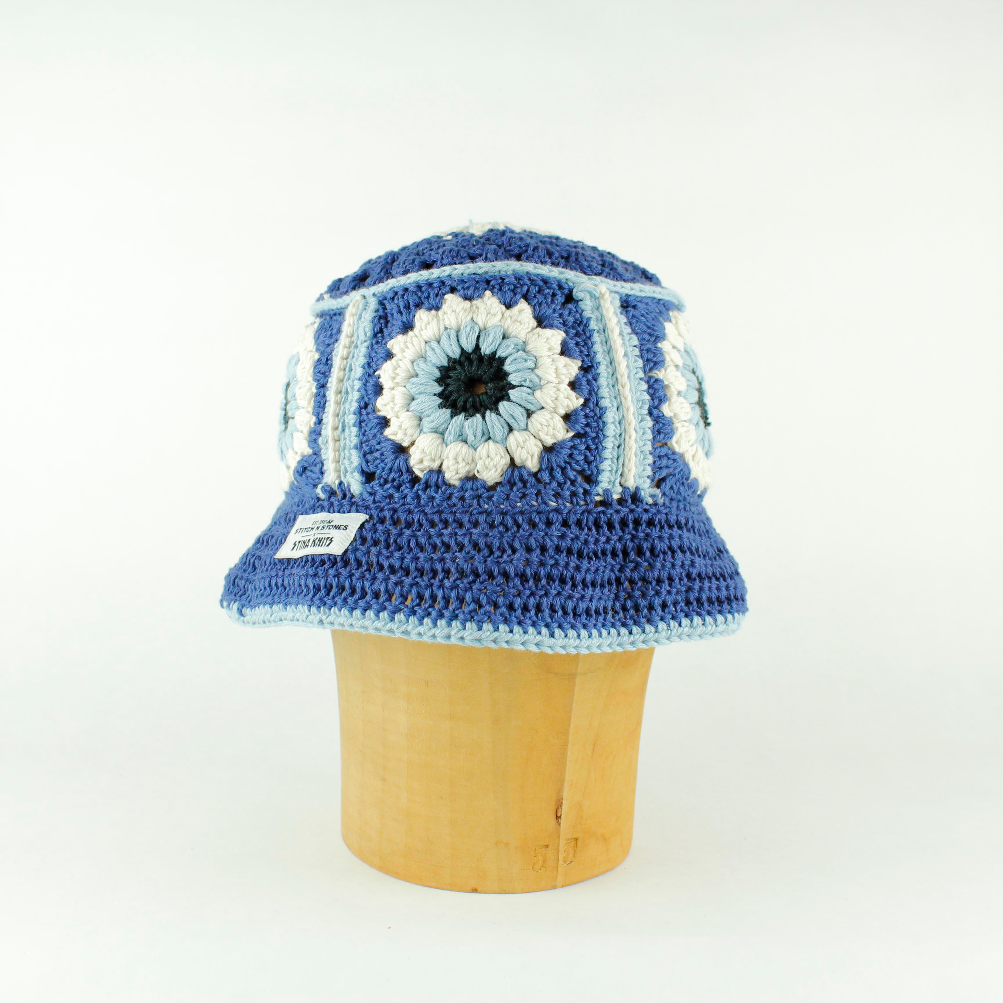Blue flower crochet bucket hat by Stina Knits