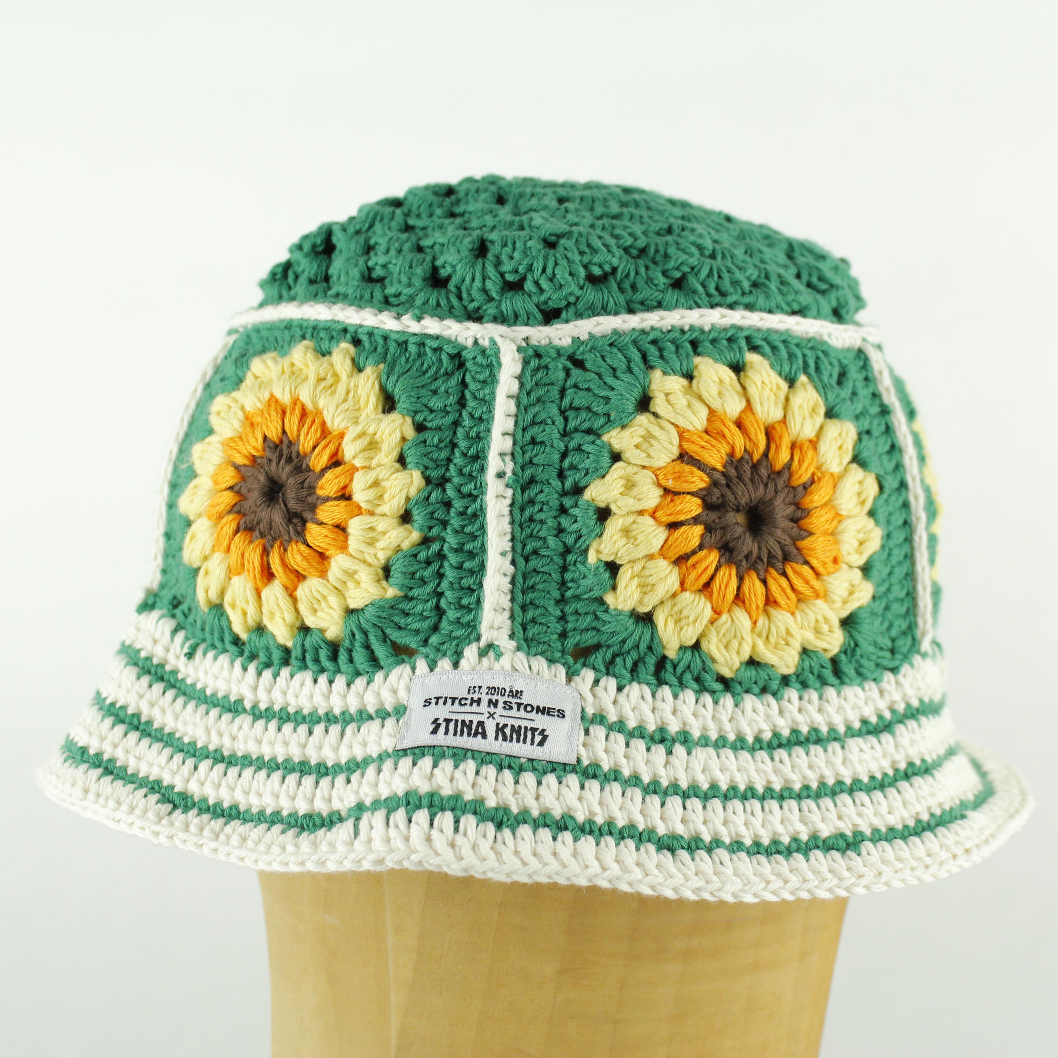 Green white striped crochet bucket hat by Stina Knits