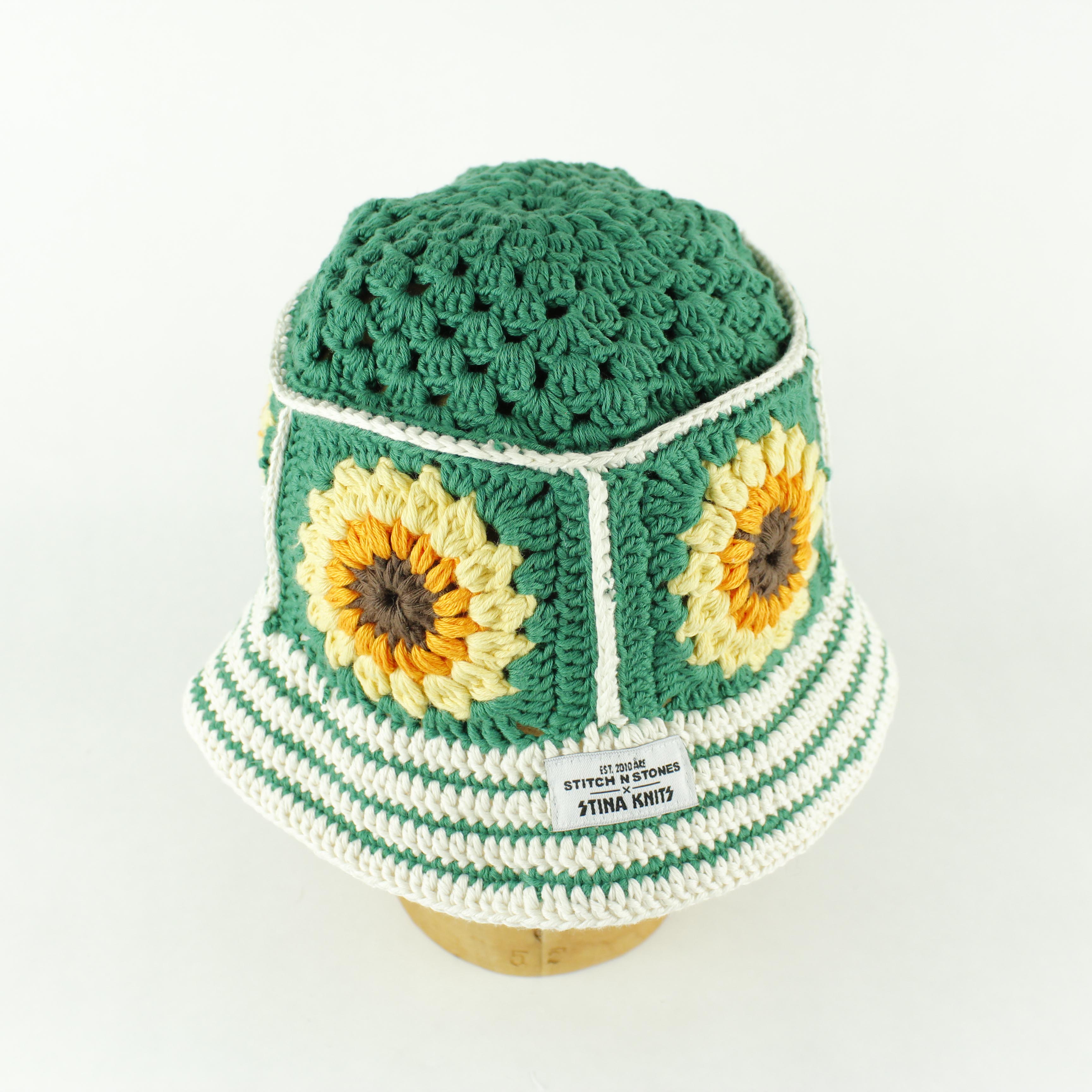 Green white striped crochet bucket hat by Stina Knits