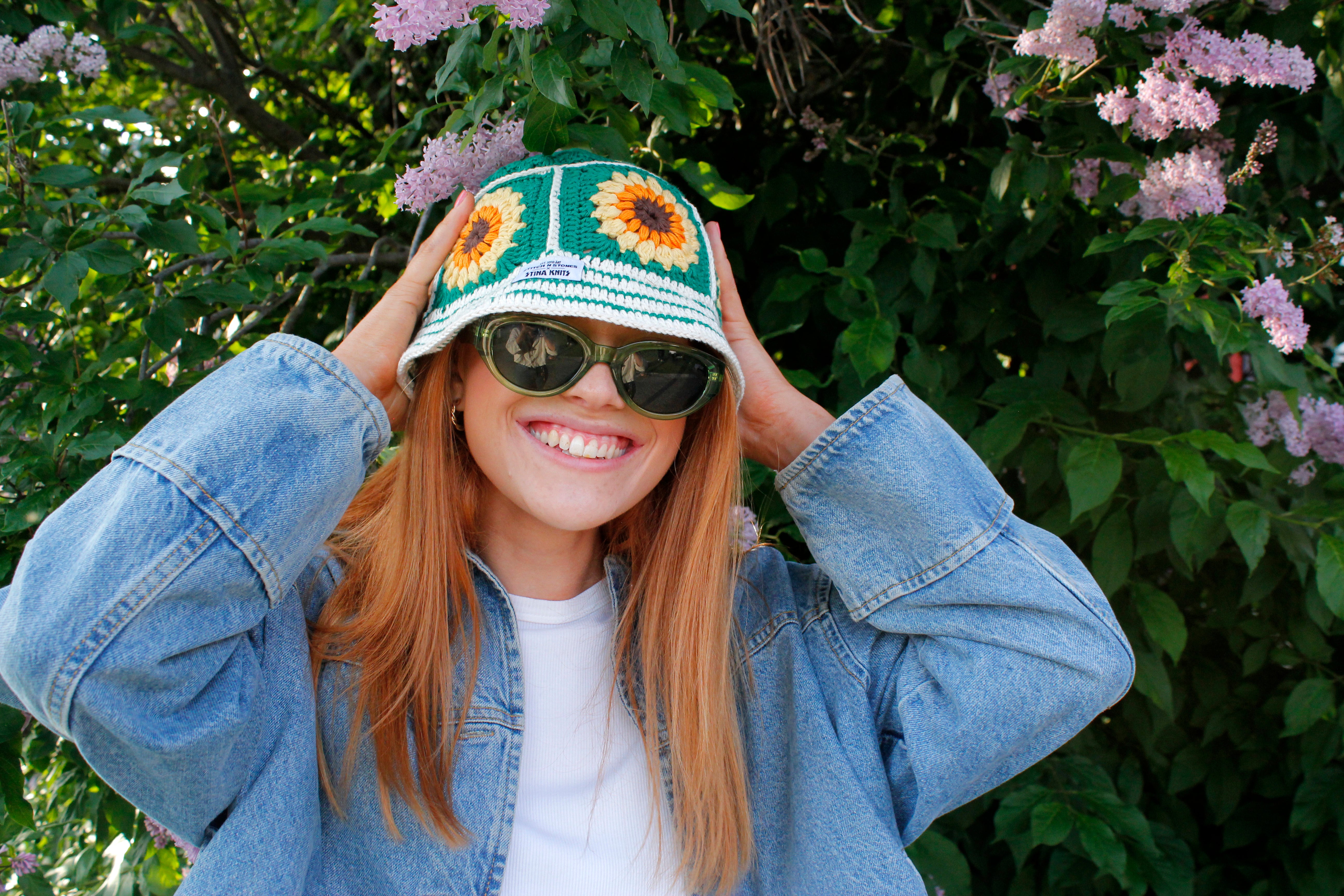 Green white striped crochet bucket hat by Stina Knits