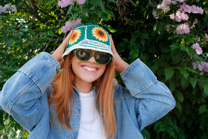 Green white striped crochet bucket hat by Stina Knits