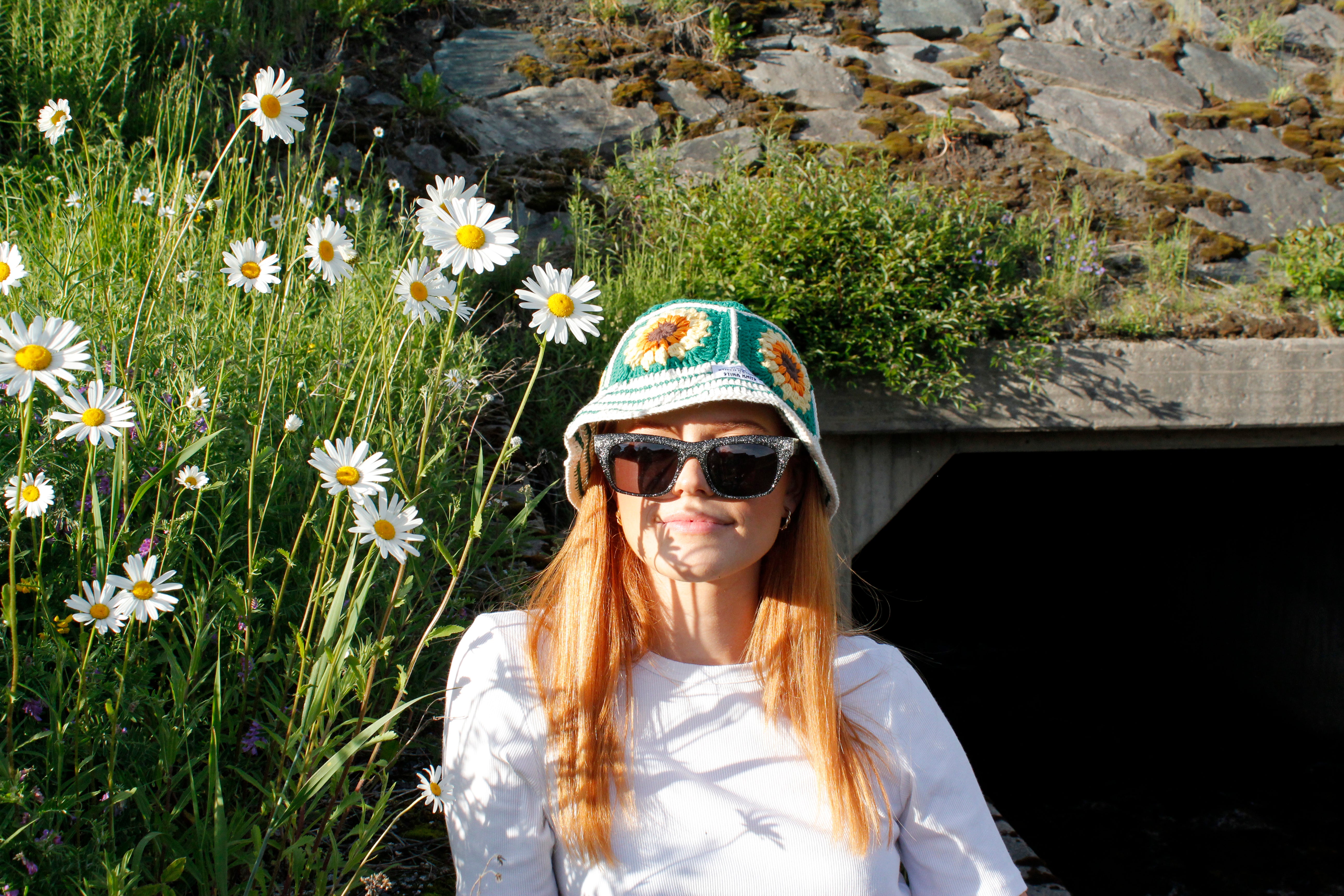Green white striped crochet bucket hat by Stina Knits