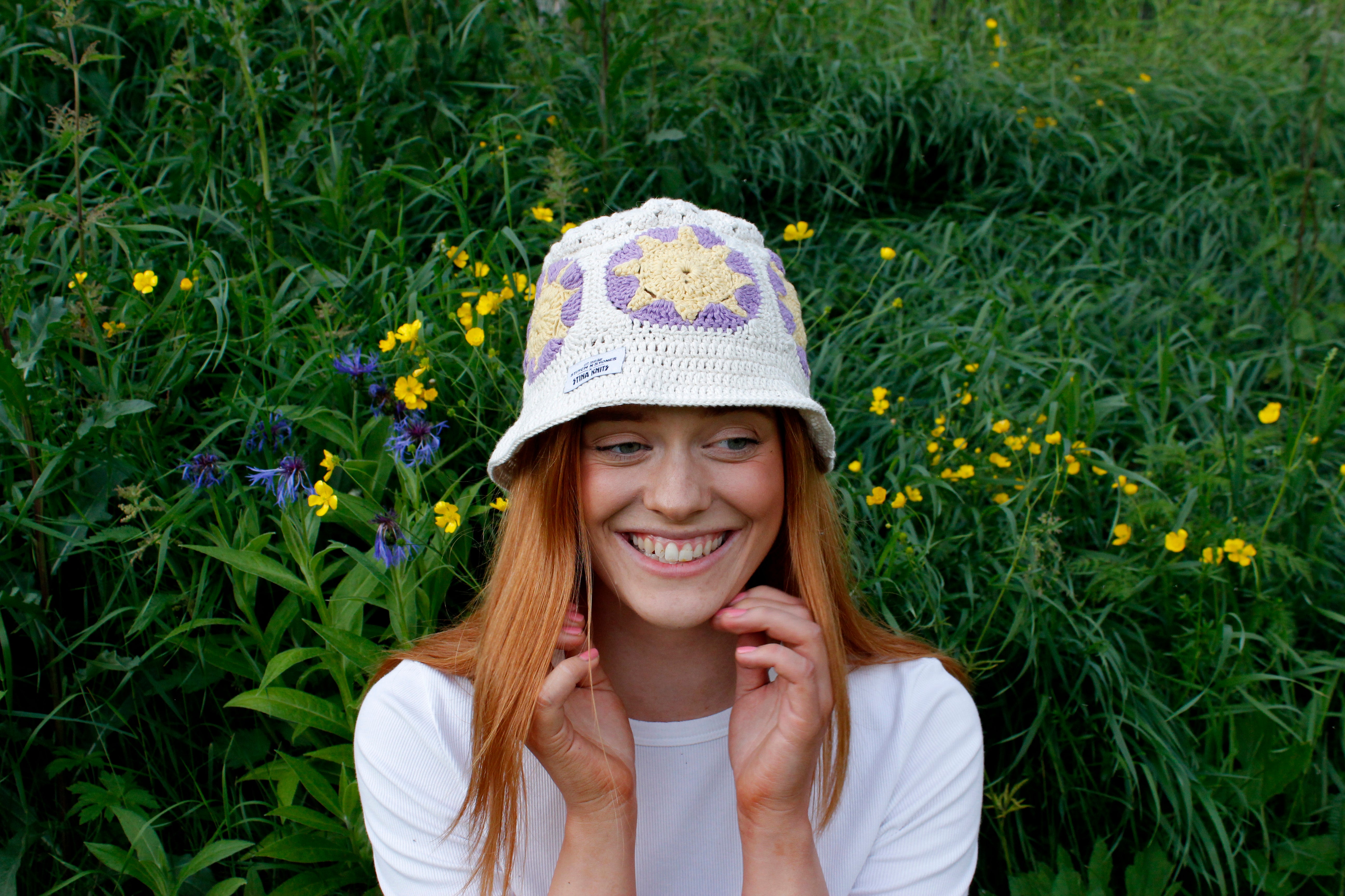 Purple Sun crochet bucket hat by Stina Knits