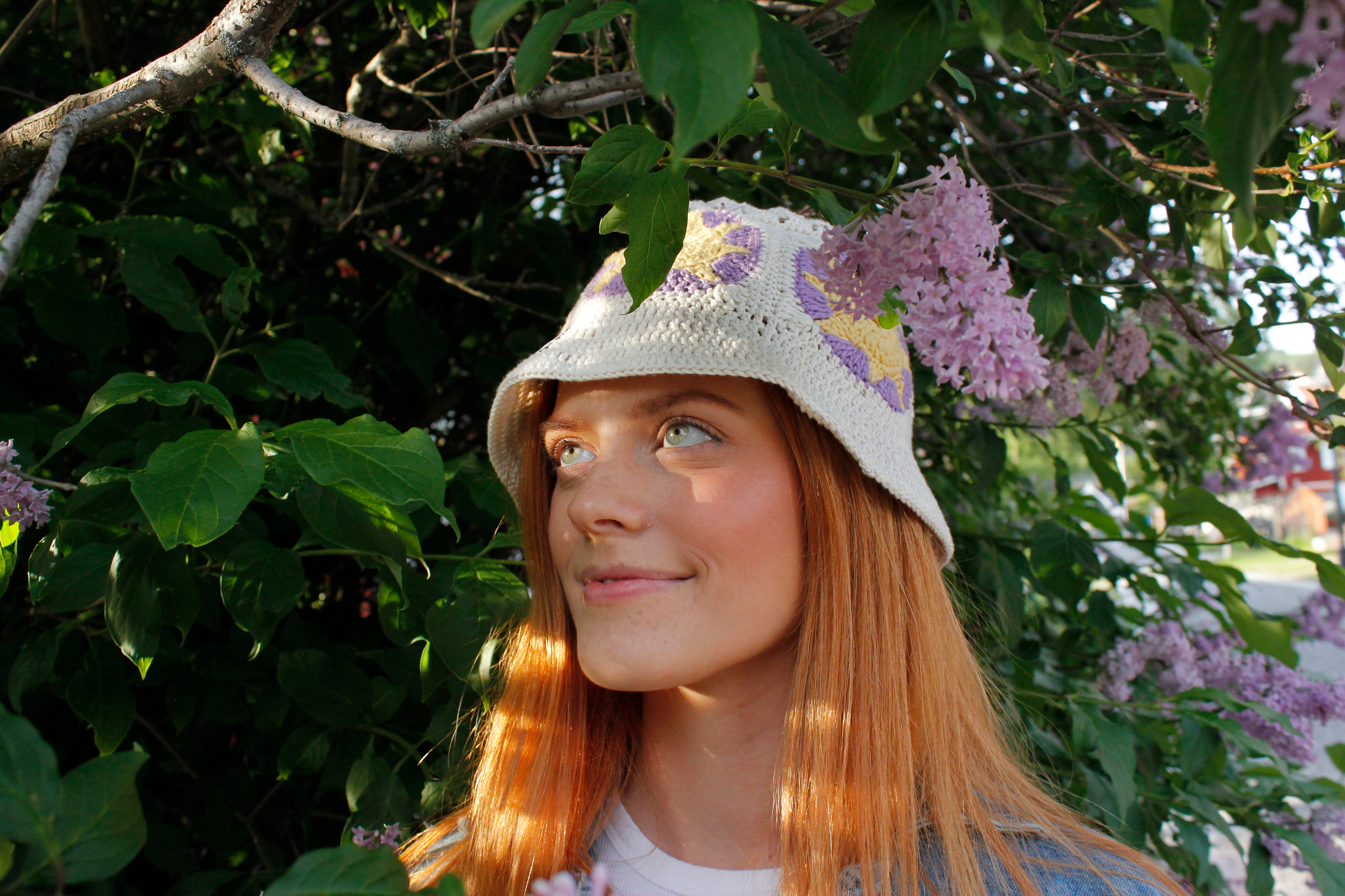 Purple Sun crochet bucket hat by Stina Knits